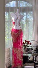 Pink halter-neck fitted bodycon long ball gown R6532