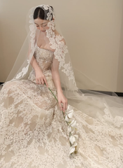 White strapless lace waist slim sexy fishtail long dress bridal gown R6053