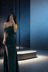 Dark green off-shoulder fitted waist bodycon long elegant ball gown R8037