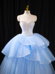 Light blue strapless, fitted waist, full skirt, long ball gown R8918