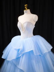 Light blue strapless, fitted waist, full skirt, long ball gown R8918