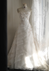 White strapless embroidered A-line ball gown with a fitted waist and full skirt R6771
