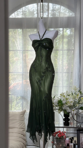 Dark green halter neck fitted waist bodycon long ball gown R7607