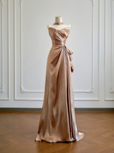 Brown strapless fitted waist elegant satin long ball gown R8166