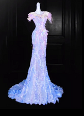 Pink-to-Blue Ombre Rhinestone-Embellished Fitted-Waist Slim-Fit Hip-Hugging Mermaid-Length Prom Dress R6492