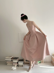 Champagne pink spaghetti strap, waist‑cinching, slim‑fit A‑line long elegant ball gown R7997