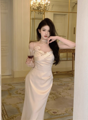 Suspender dress V-neck satin slim fit hip-wrapped slit skirt French style high-end long skirt R1544