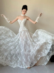Sexy Lace Strapless Long Wedding Dresses Bridal Gown S7206