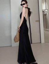Large French pure V-neck backless black suspender skirt high-grade satin long skirt R1863