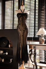 Light brown halter neck, fitted waist, bodycon sexy long ball gown R7728