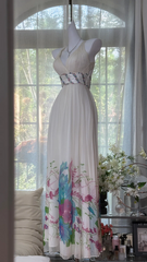 White halter-neck, fitted waist, printed skirt, long ball gown R7608