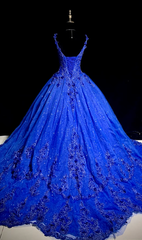 Blue halter-neck fitted dress with a full skirt, elegant princess ball gown R8676