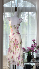 White dress with pink floral print, fitted waist, sexy long ball gown R7647