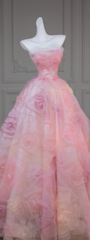 Pink Strapless Floral Waist Slim Fit Puffy Skirt Long Bridal Dress R5817