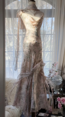 Light pink floral print halter-neck fitted bodycon long ball gown R7688