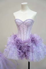 Light purple strapless fitted waist slim-fit princess skirt short ball gown R8889