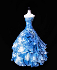 Blue strapless, fitted waist, full skirt, long ball gown R8680