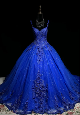 Blue halter-neck fitted dress with a full skirt, elegant princess ball gown R8676