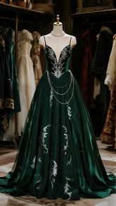 Dark green suspender satin waist slim elegant long skirt ball gown R6072