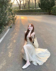 Atmosphere wear white lace sleeveless vest dress beautiful temperament waist A-line long skirt R0421