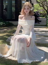 French style gentle white one-shoulder long-sleeved dress waist-hugging hip mesh long skirt R0246