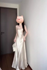 French high-end white satin suspender dress gentle temperament lady waist hip long skirt R0450