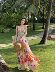 Beautiful little skirt for vacation, high-end floral suspender dress, fairy temperament long skirt 2025 R0480