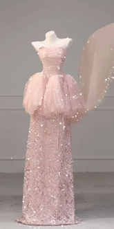 Pink strapless fitted top and sequined straight skirt set, prom dress R6454