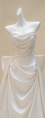 White Strapless Beaded Waist Satin Pleated Maxi Bridal Dress R5741