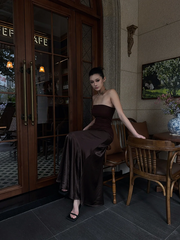 Brown strapless fitted long ball gown R8860