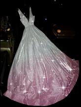 Gradient pink sequined halter-neck fitted long ball gown R6414