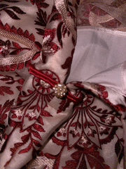 White lining with red floral embroidery, mid-length ball gown R6853