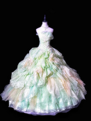 Light green strapless, fitted waist, full skirt, long ball gown R8681