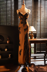Light brownish-yellow halter-neck fitted waist bodycon sexy long ball gown R7729