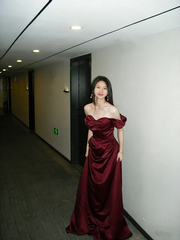 Navy blue one-shoulder slim waist satin maxi ball gown R6102