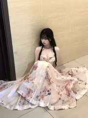 A rich girl's outfit with floral suspender dress, gentle temperament, waisted A-line long skirt R0489