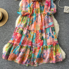 European and American style dress V-neck lantern sleeve waist wide swing ruffled long skirt R2313
