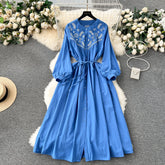 National style travel holiday dress long sleeves Bohemian retro design embroidery loose long skirt R2209