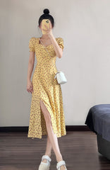 Tea break French dress new yellow square neck puff sleeves slit long skirt waist slimming skirt R0055