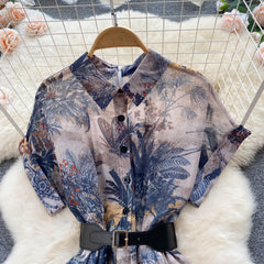 Palace style French elegant printed dress new style waist slimming gentle style long skirt R2226