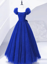 Royal Blue Scoop Tulle Short Sleeves Long Prom Dress, Royal Blue A-Line Party Dress S2564