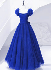 Royal Blue Scoop Tulle Short Sleeves Long Prom Dress, Royal Blue A-Line Party Dress S2564