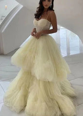 Yellow Tulle Sweetheart A-Line Long Prom Dress S3328