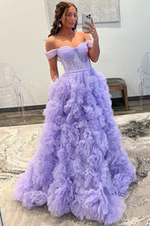 Lavender A-line Off-the-Shoulder Ruffle Layers Long Prom Dress S3227