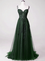Dark Green Tulle With Lace Beaded Straps Prom Dress, Green Long Formal Dress Party Dress S2559