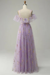 Lilac Off-the-Shoulder Embroidery Ruffled Long Prom Dress with Slit S2613