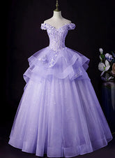 Light Purple Tulle With Lace Off Shoulder Sweet 16 Dress, Light Purple Formal Dress S2557
