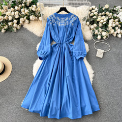National style travel holiday dress long sleeves Bohemian retro design embroidery loose long skirt R2209