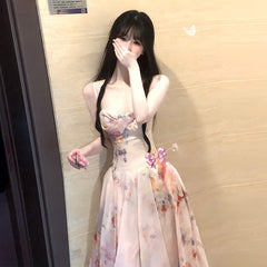 A rich girl's outfit with floral suspender dress, gentle temperament, waisted A-line long skirt R0489