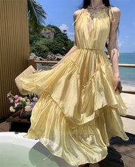 Beautiful yellow sling halter neck dress niche temperament fairy waist long skirt R0739